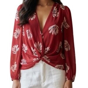 EXPRESS Gorgeous Red‎ With Floral Patters Knotted Center L/S Blouse NWOT Size M